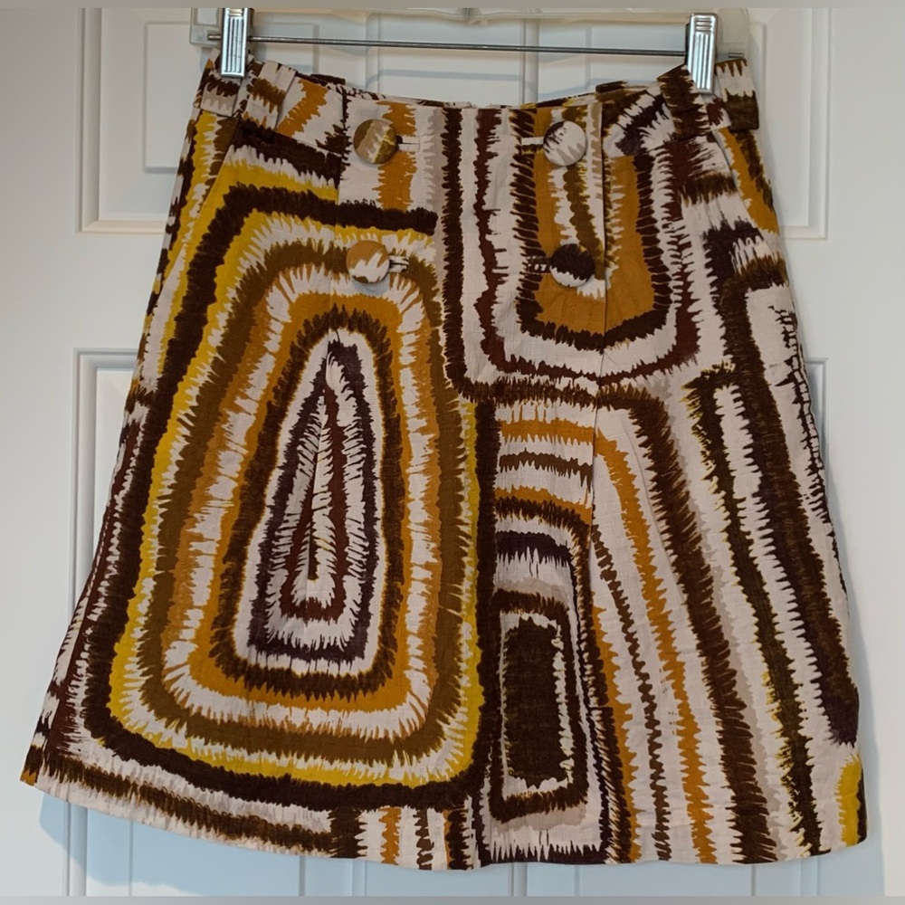 H&M boho tribal print mini skirt size 6 fully lined pockets brown tan cream